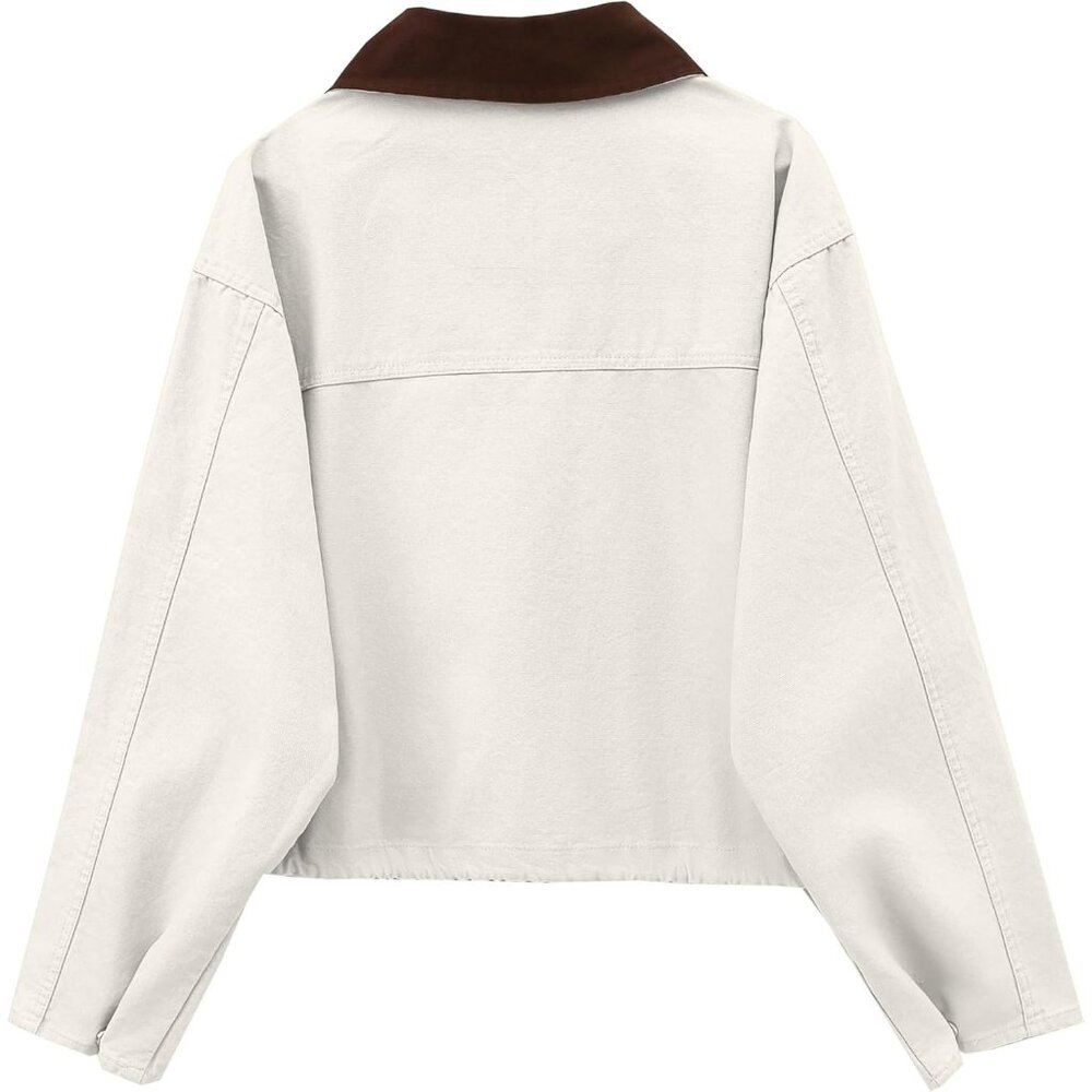 Women's Cream Cropped Contrast Collar Utility Coat Cargo Jacket Imported - Picture 2 of 6
